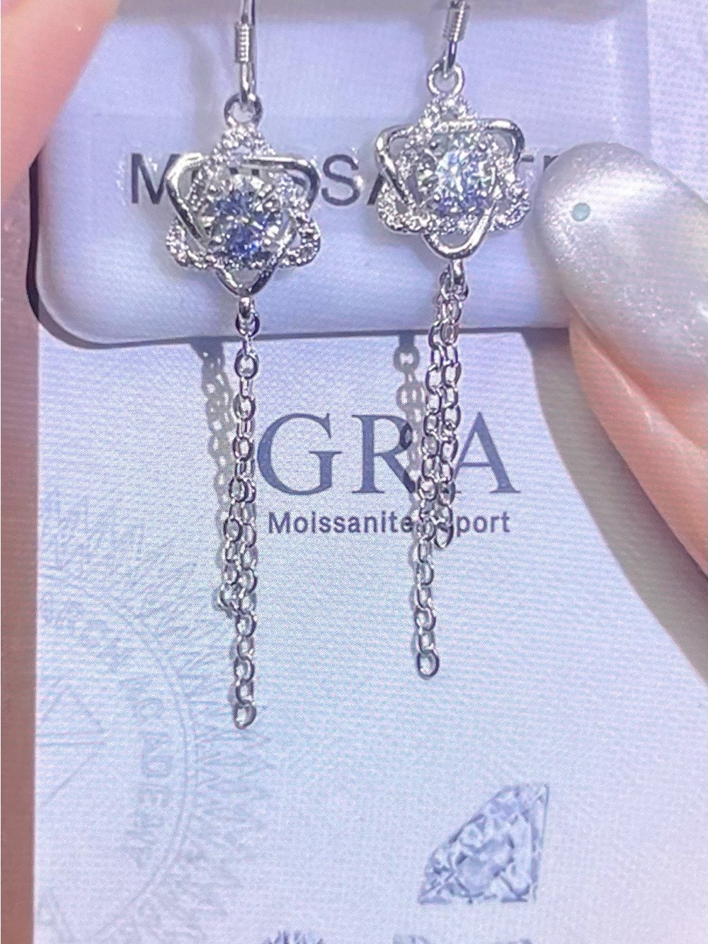 Silver Moissanite Flower Drop Earrings - Silver
